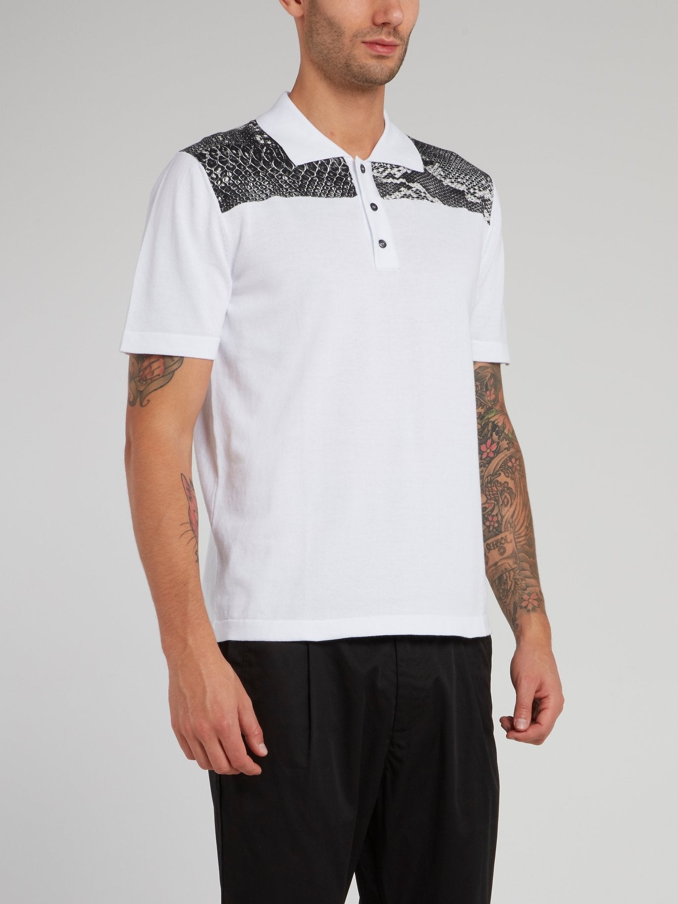 White Snake Print Panel Polo Shirt