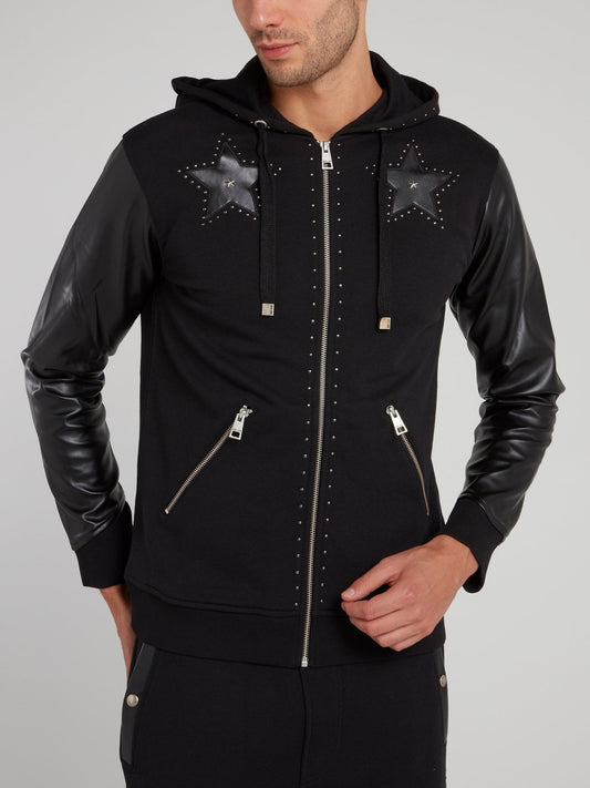 Black Leather Sleeve Sweat Jacket