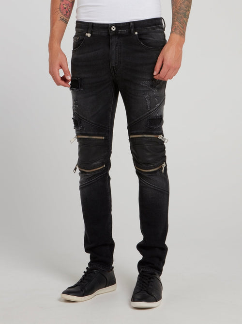 Black Zipper Embellished Distressed Pants