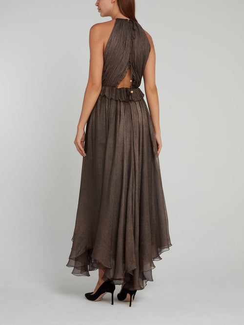 Frill Halter Silk Maxi Dress