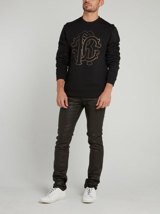 Black Studded Logo Woven Sweatshirt