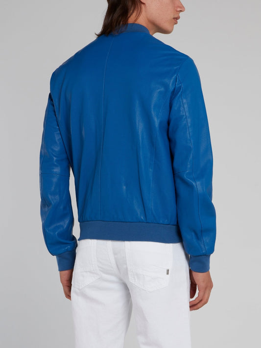 Blue Perforated Bomber Jacket