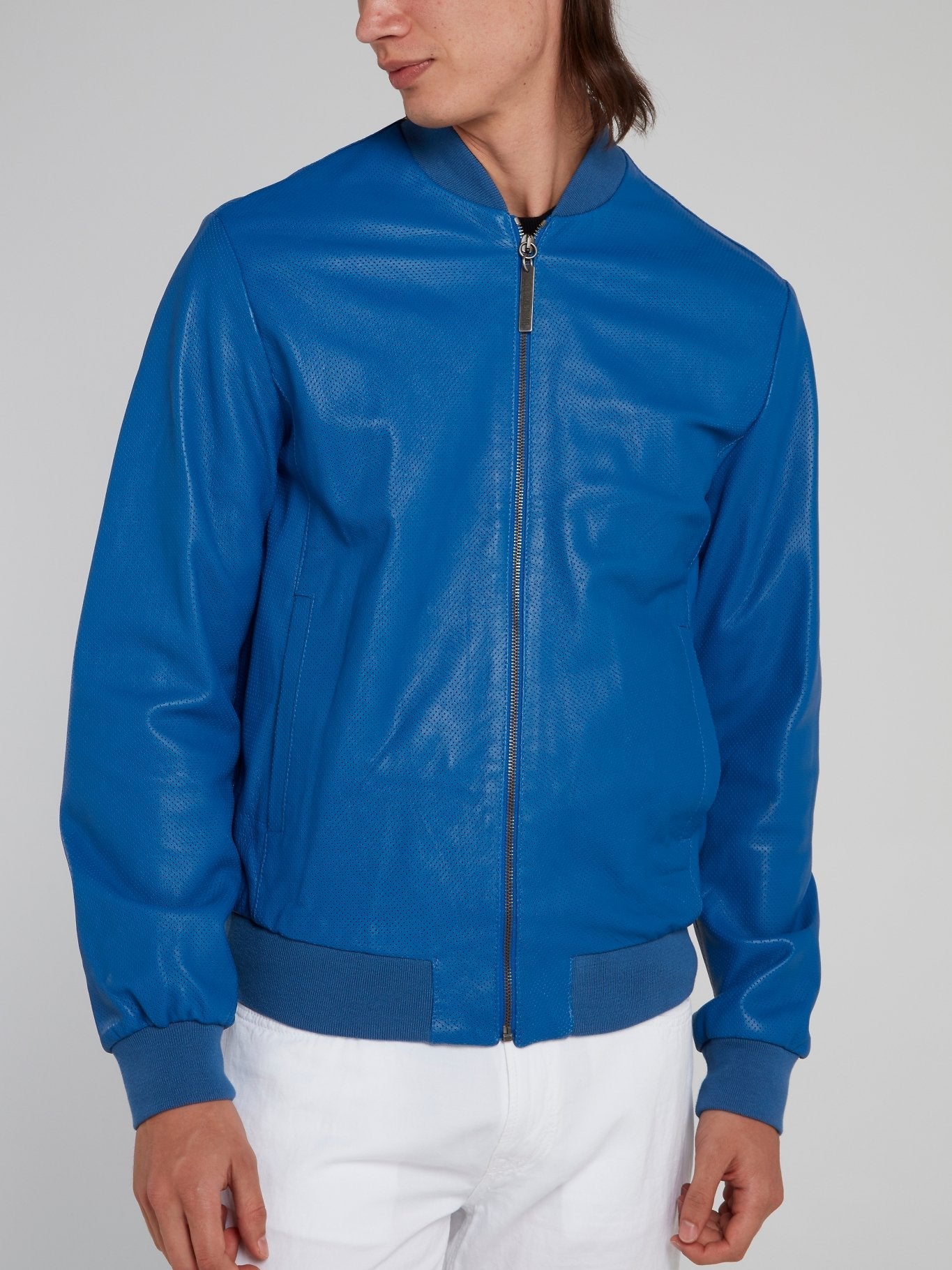 Blue Perforated Bomber Jacket