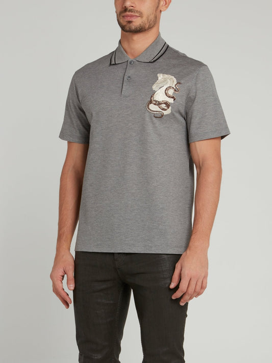 Grey Embroidered Woven Polo Shirt