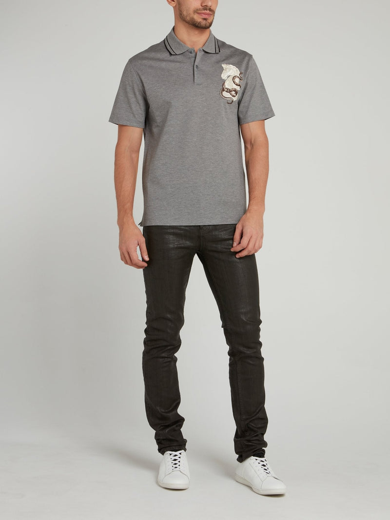 Grey Embroidered Woven Polo Shirt