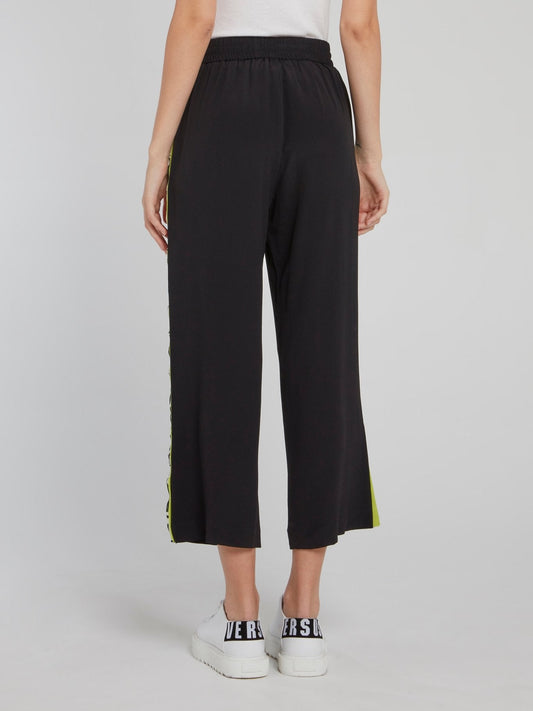 Black Floral Side Stripe Trapeze Pants