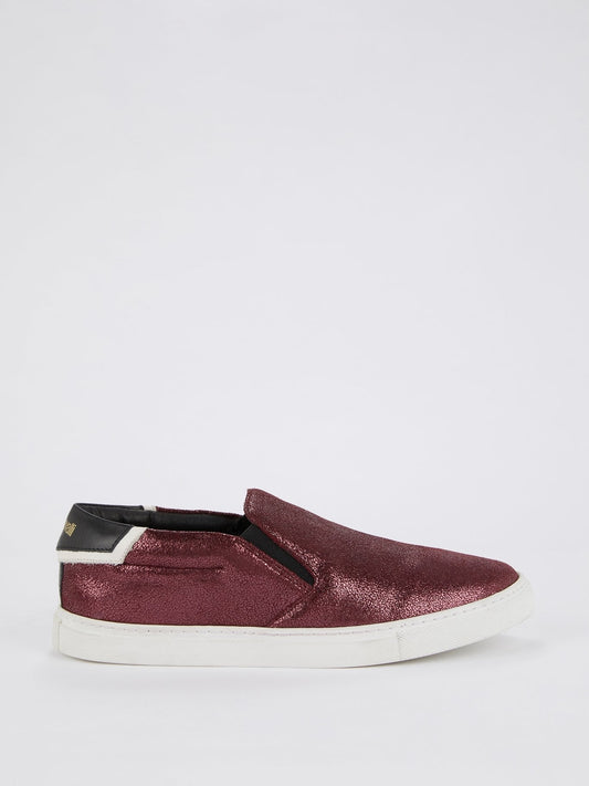 Burgundy Metallic Slip On Sneakers