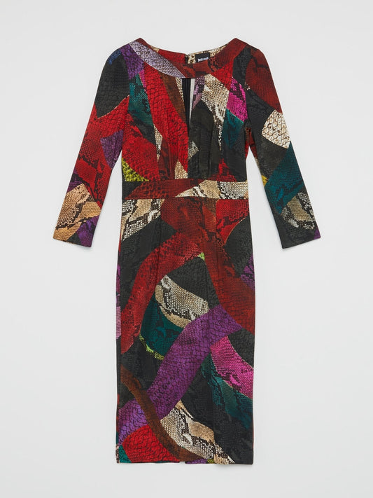 Red Colour Block Snake Print Dress