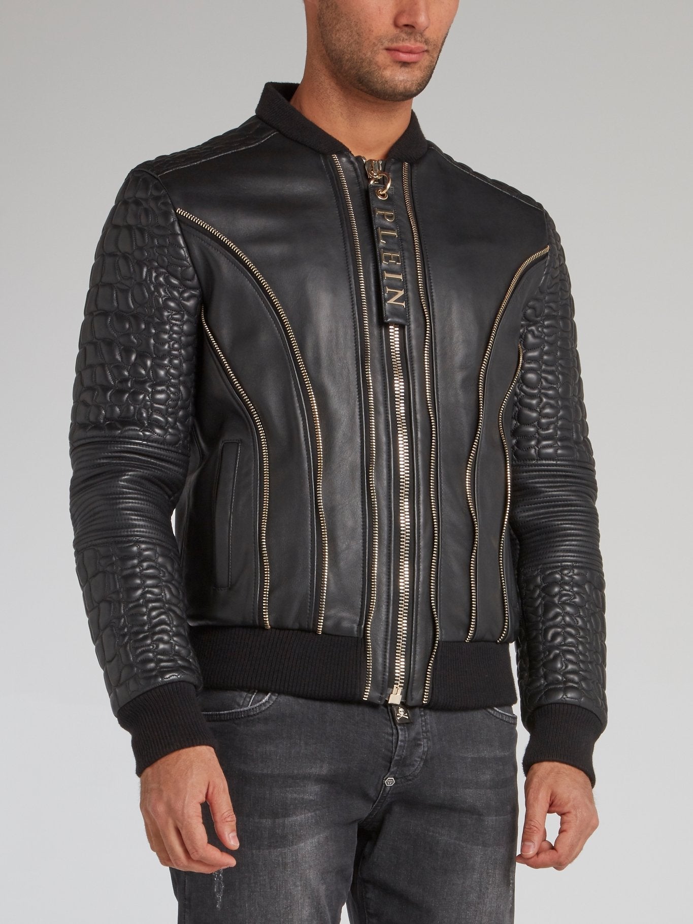 Black Crocodile Effect Leather Bomber Jacket