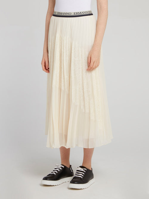 Logo Waistband Pleated Midi Skirt