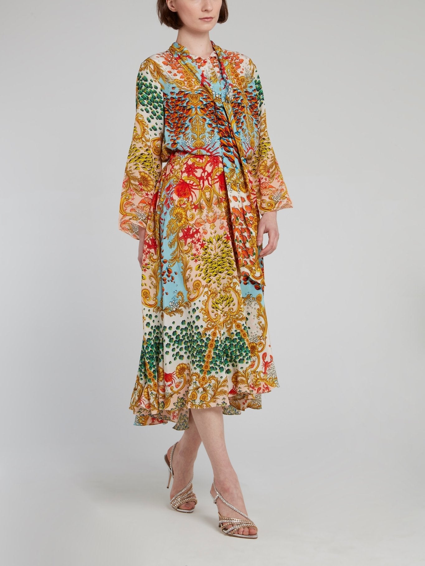 Oriental Print Bow Tie Midi Dress