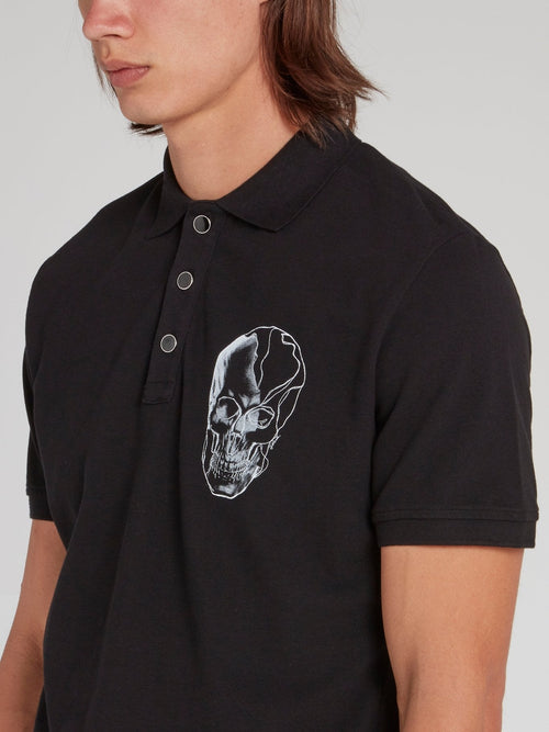 Black Skull Print Polo Shirt