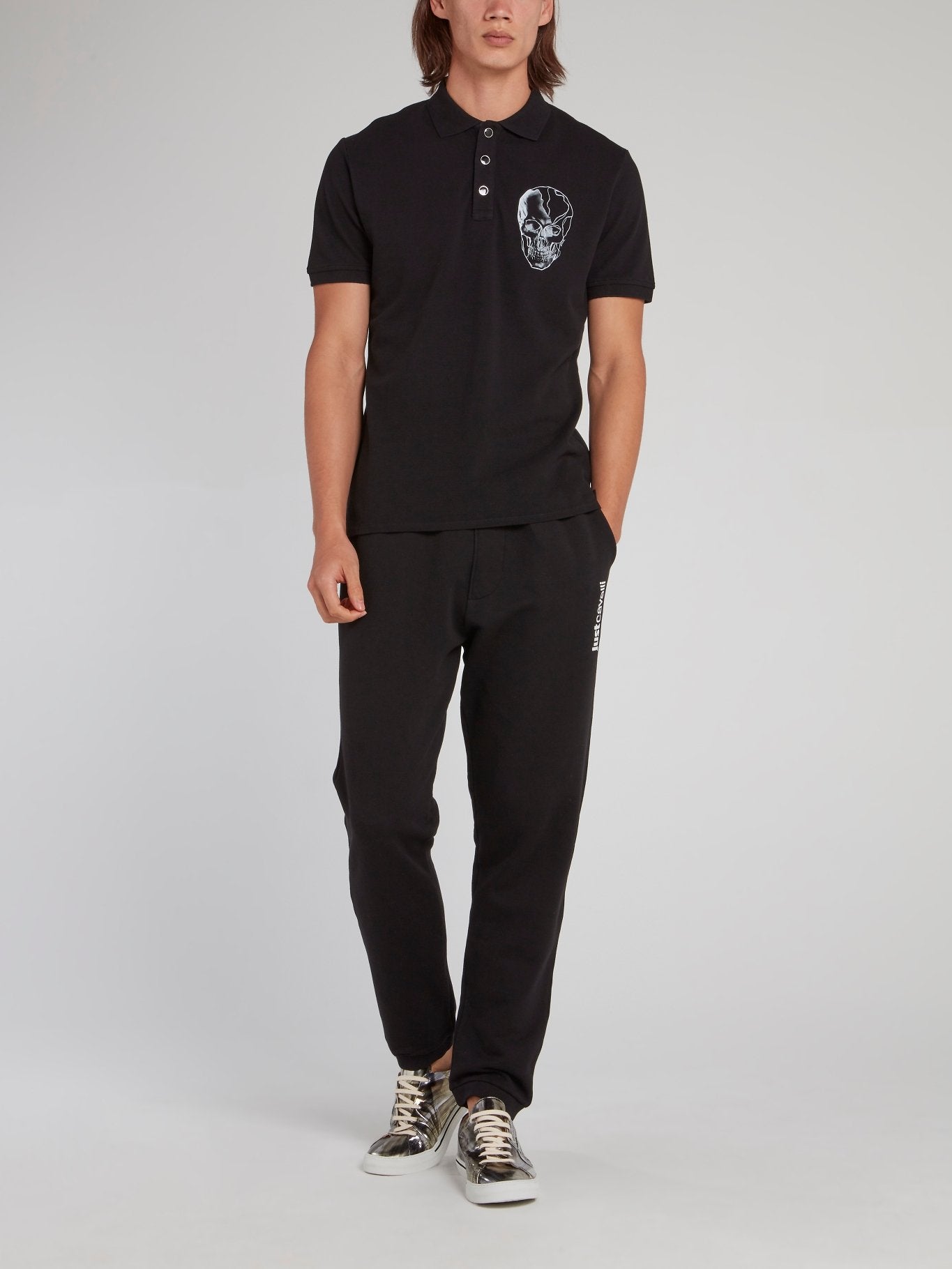 Black Skull Print Polo Shirt