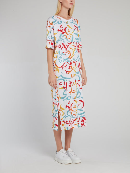 Multicolour Calligraphy Print Midi Dress