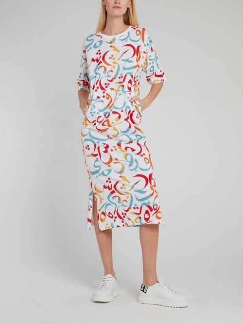 Multicolour Calligraphy Print Midi Dress