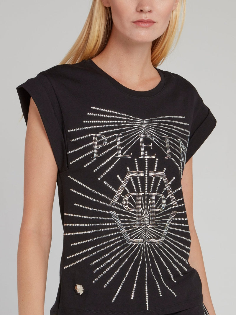 Black Rear Slit Studded Monogram T-Shirt