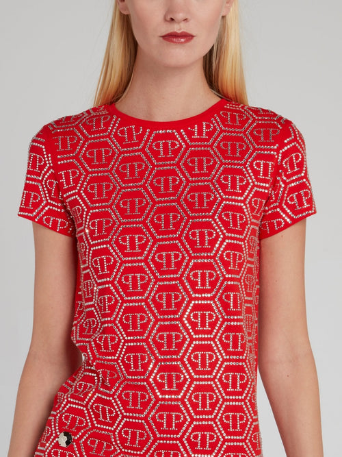 Red Crystal Studded Monogram T-Shirt