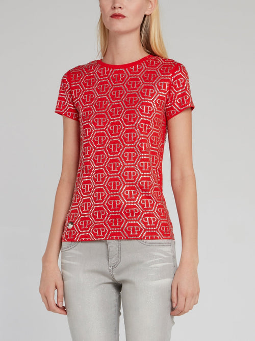 Red Crystal Studded Monogram T-Shirt