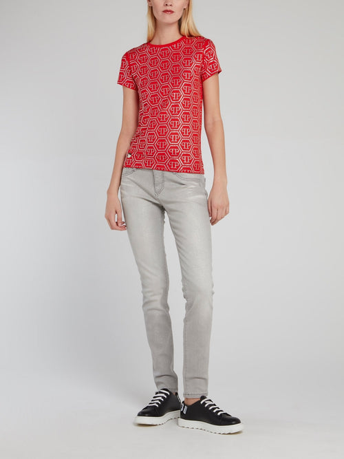 Red Crystal Studded Monogram T-Shirt