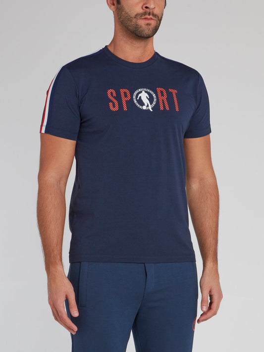 Navy Sport Logo Shoulder Stripe T-Shirt