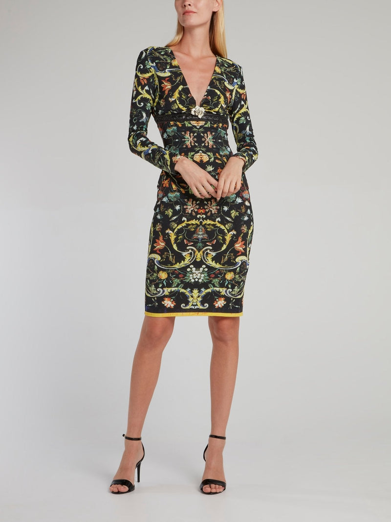 Floral Baroque Print Plunge Dress