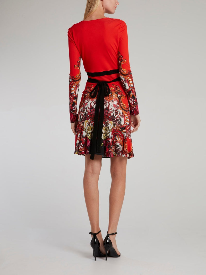 Red Floral Baroque Surplice Dress