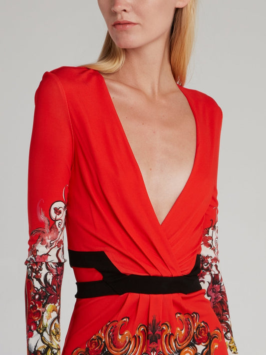 Red Floral Baroque Surplice Dress