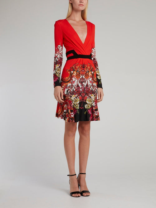 Red Floral Baroque Surplice Dress