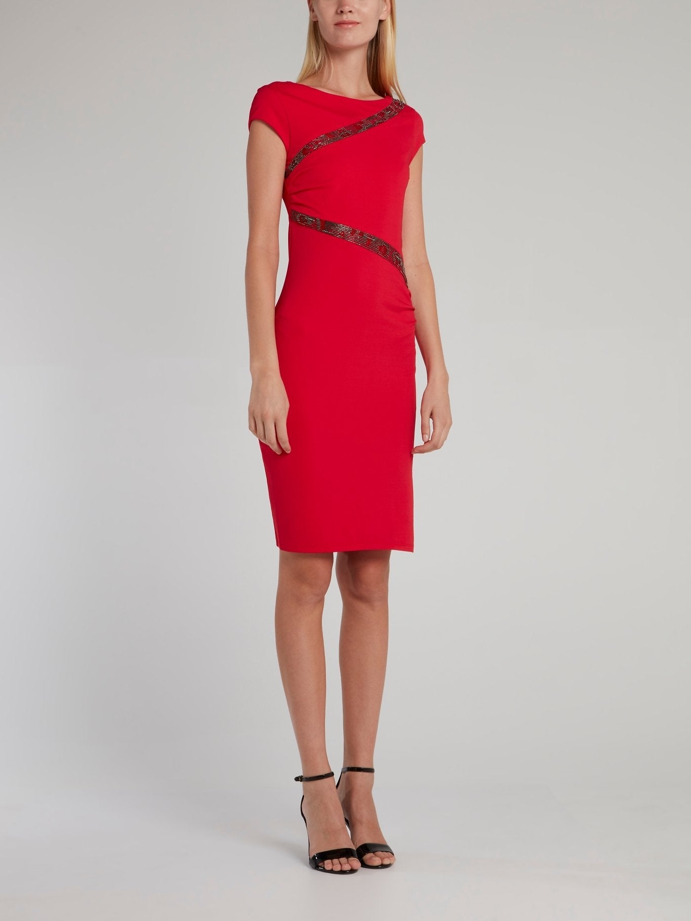 Red Beadwork Detail Sheath Dress