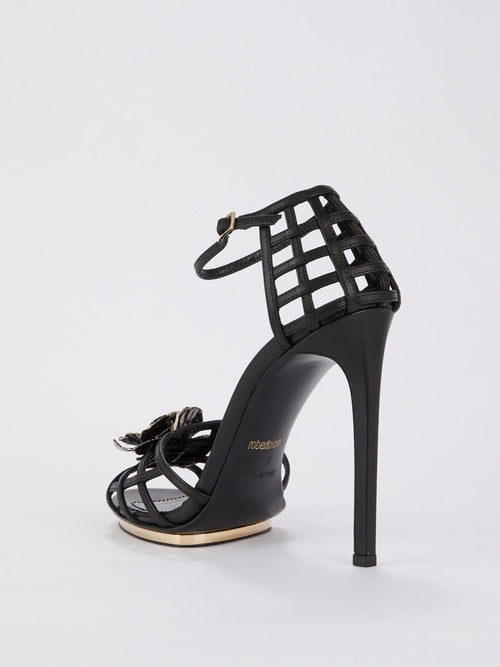 Black Flower Embellished Cage Sandals