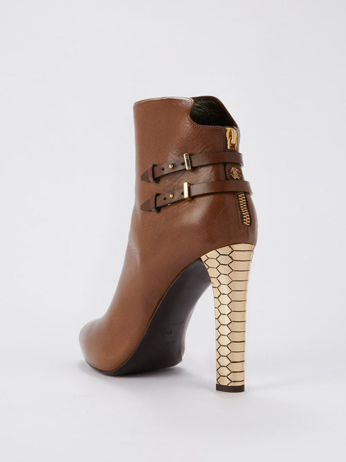 Brown with Gold Heel Leather Ankle Boots