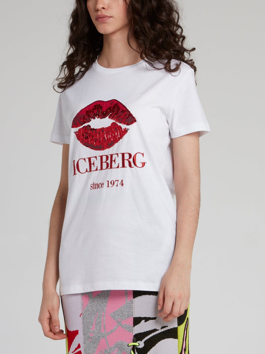 White Sequin Lip T-Shirt