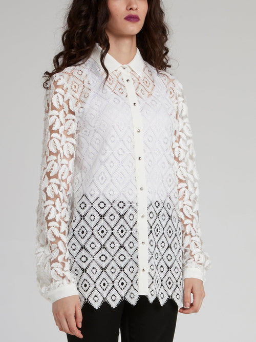 White Lace Mesh Button Up Shirt