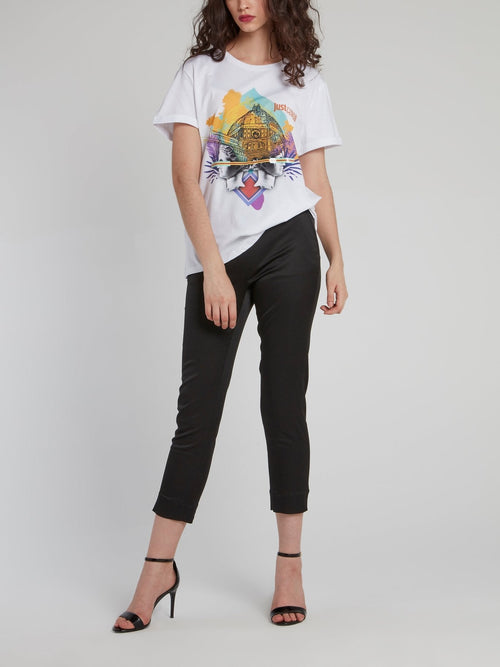 White Abstract Print Crewneck T-Shirt