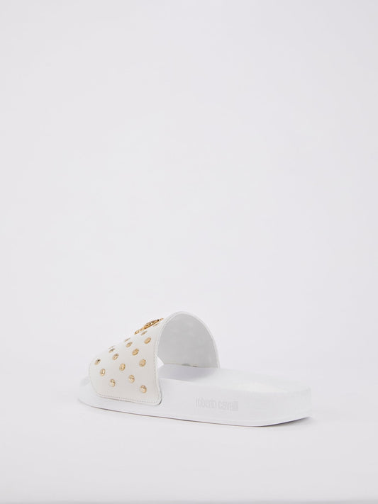 White Snake Monogram Studded Slides