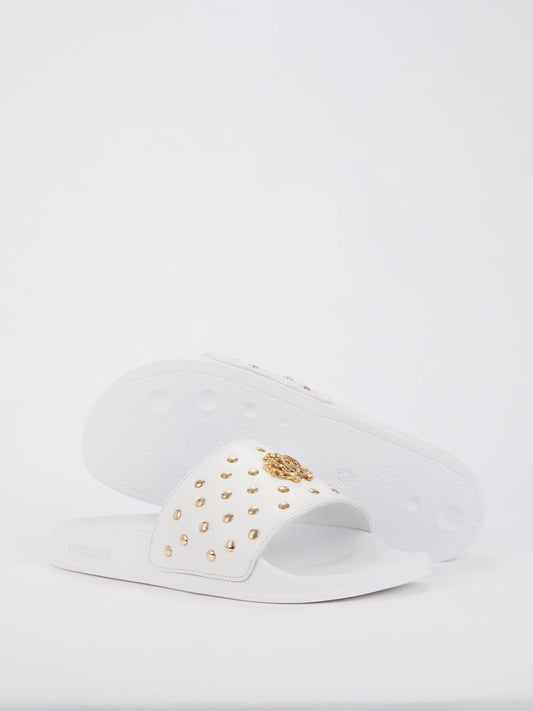 White Snake Monogram Studded Slides