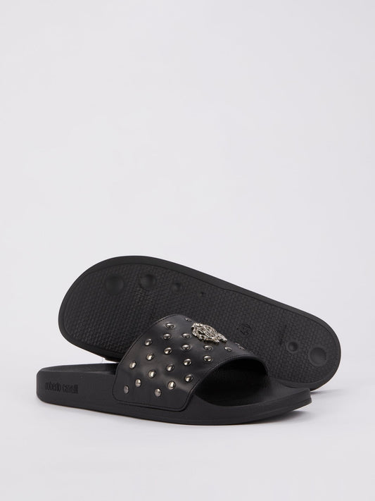 Black Snake Monogram Studded Slides