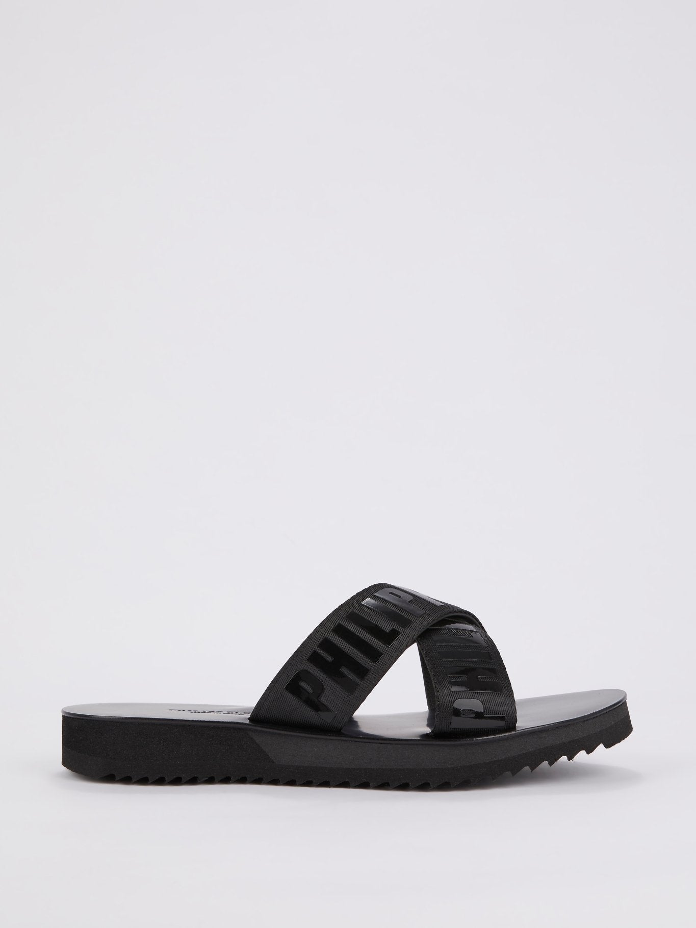 Black Logo Crisscross Flat Sandals