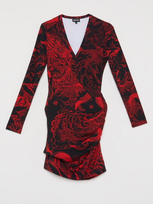 Red Oriental Print Mini Dress