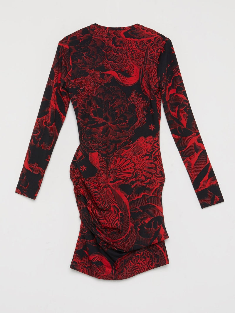 Red Oriental Print Mini Dress