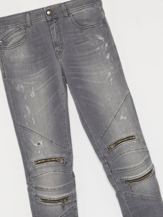 Grey Zip Knee Biker Jeans