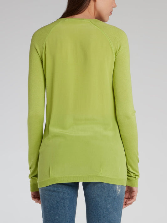 Green V-Neck Knit Pullover