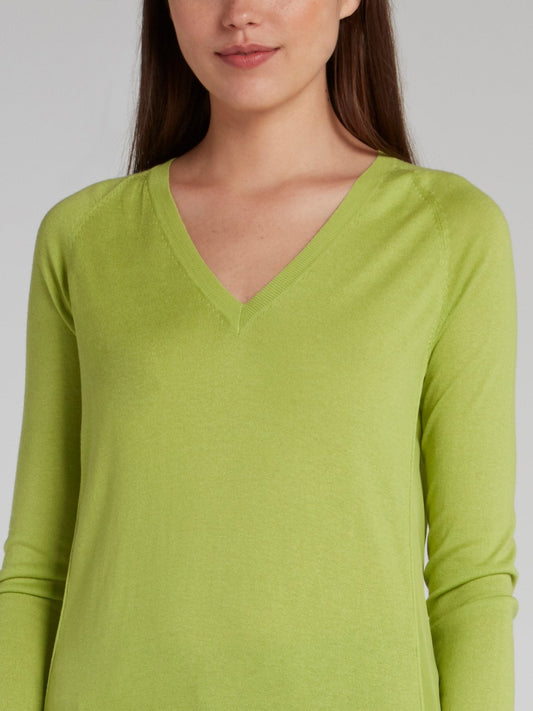 Green V-Neck Knit Pullover