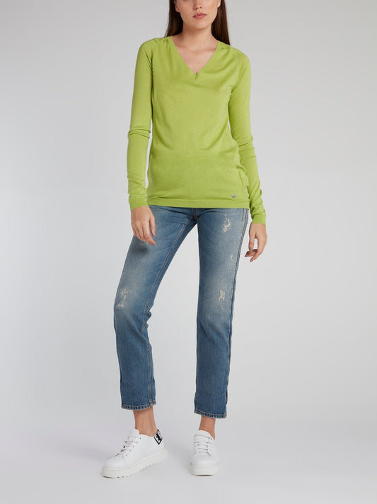 Green V-Neck Knit Pullover