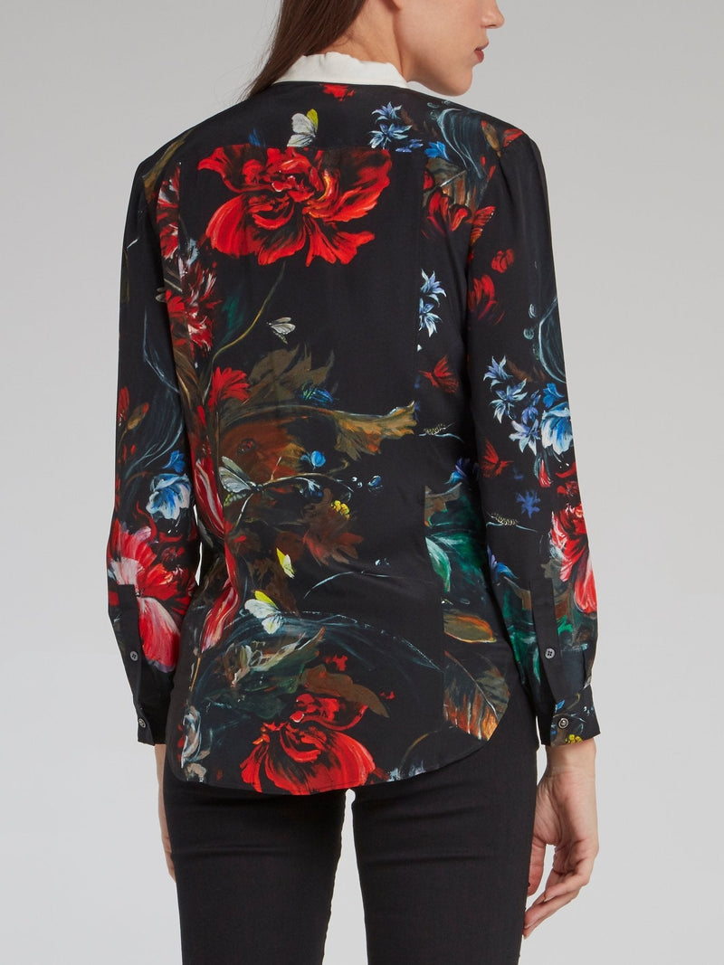 Painted Floral Print Pleat Panel Shirt