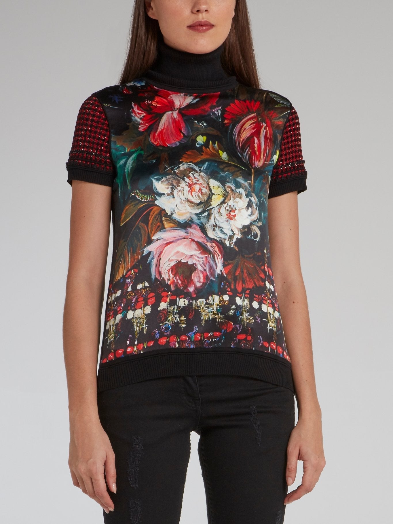 Painted Floral Print Turtleneck Top