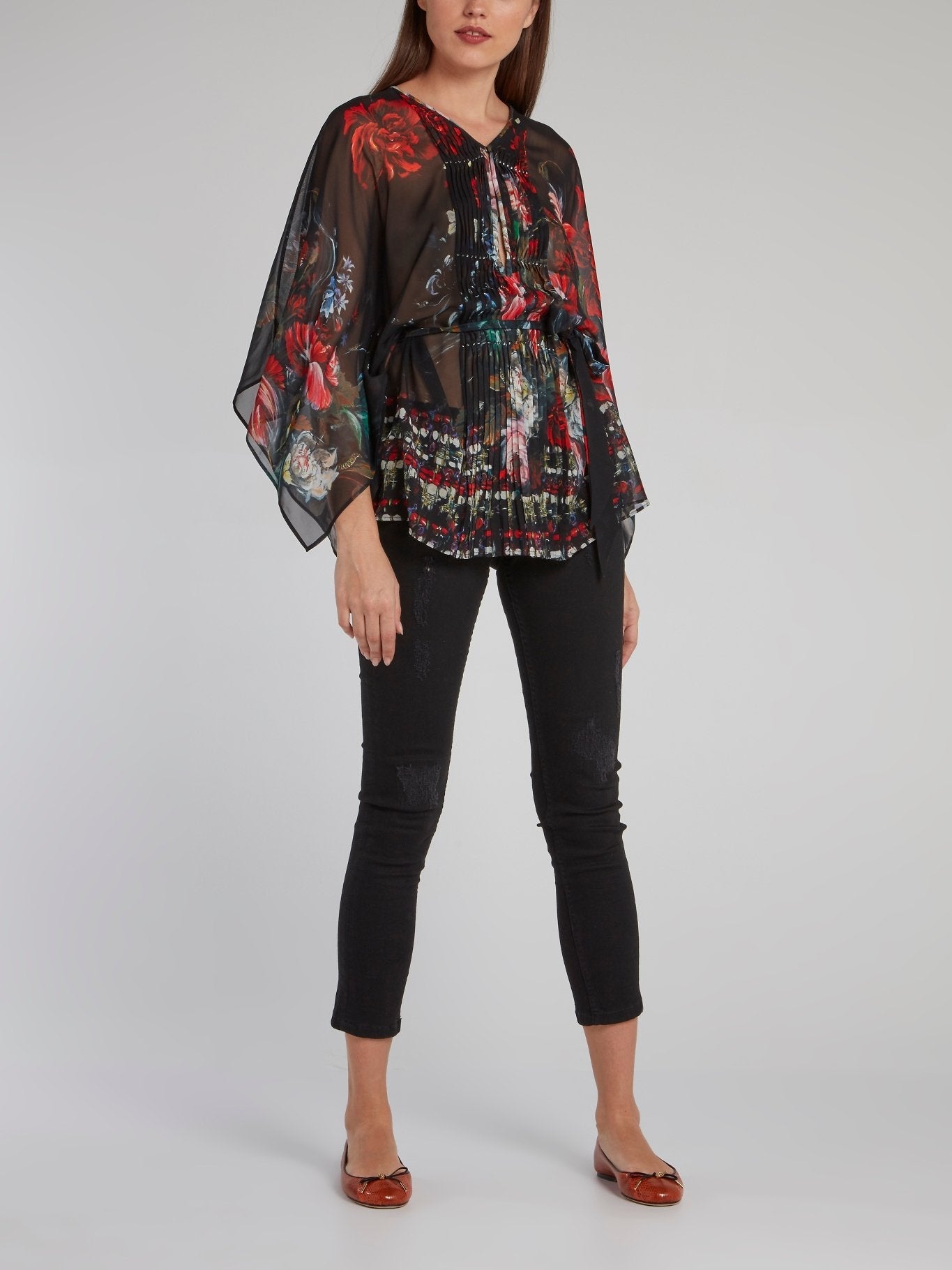 Floral Print Pleated Panel Short Kaftan