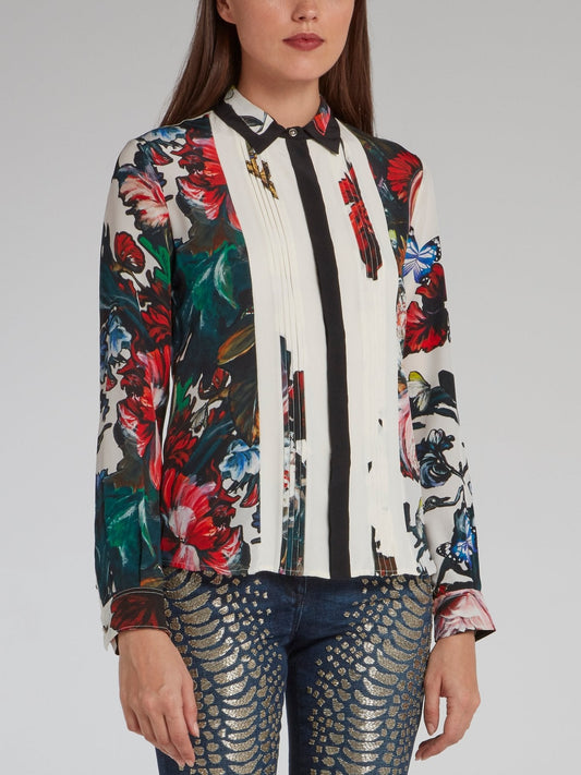 Floral Print Pleated Bib Shirt