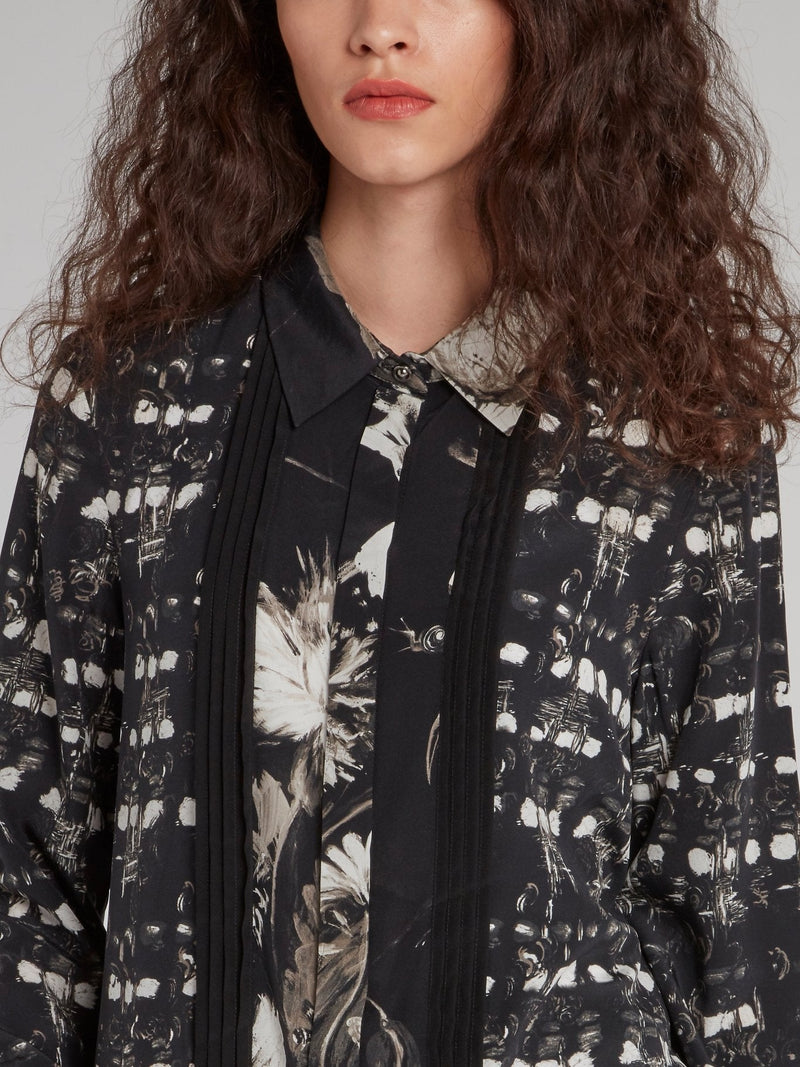 Black Pleat Panel Printed Shirt