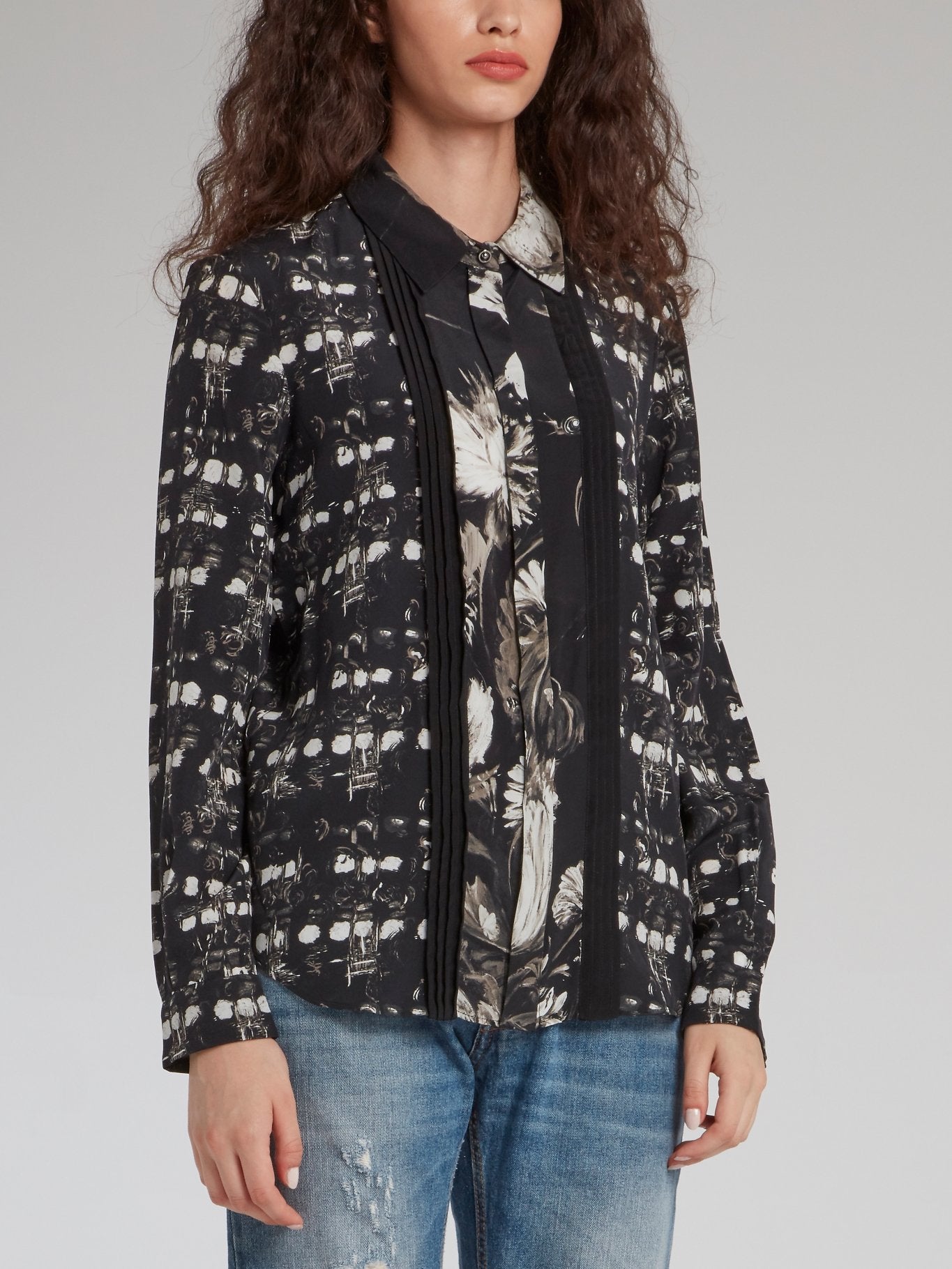 Black Pleat Panel Printed Shirt